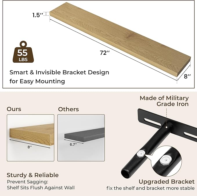 RICHFOCUS 72Inch Floating Shelves for Wall 2 Pack Shelves for Bedroom|Kitchen|Bathroom Wall Mounted Rustic Wood Floating Shelf with Invisible Brackets for Books|Storage|Decor, Oak