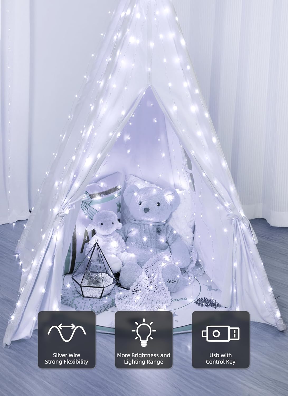 Brightown 300 LED Fairy Curtain Lights, 9.8ft x 9.8ft White Curtain String Lights, Winter Wonderland Decorations, USB Plug 8 Modes LED Christmas String Hanging Lights with Remote for Indoor Outdoor