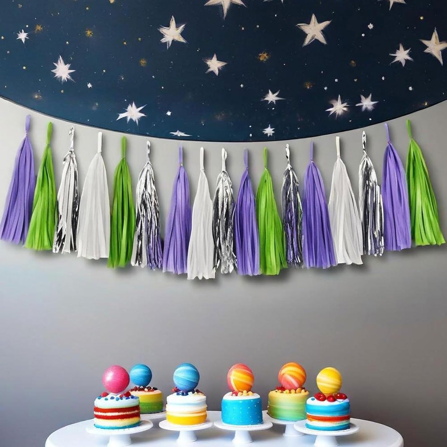 Tissue Paper Tassel Garland Banner, Purple Green Silver White, 20 PCS, Party Decorations for Birthday, Cartoon Themed Baby Shower,Sprot Game,Graduation