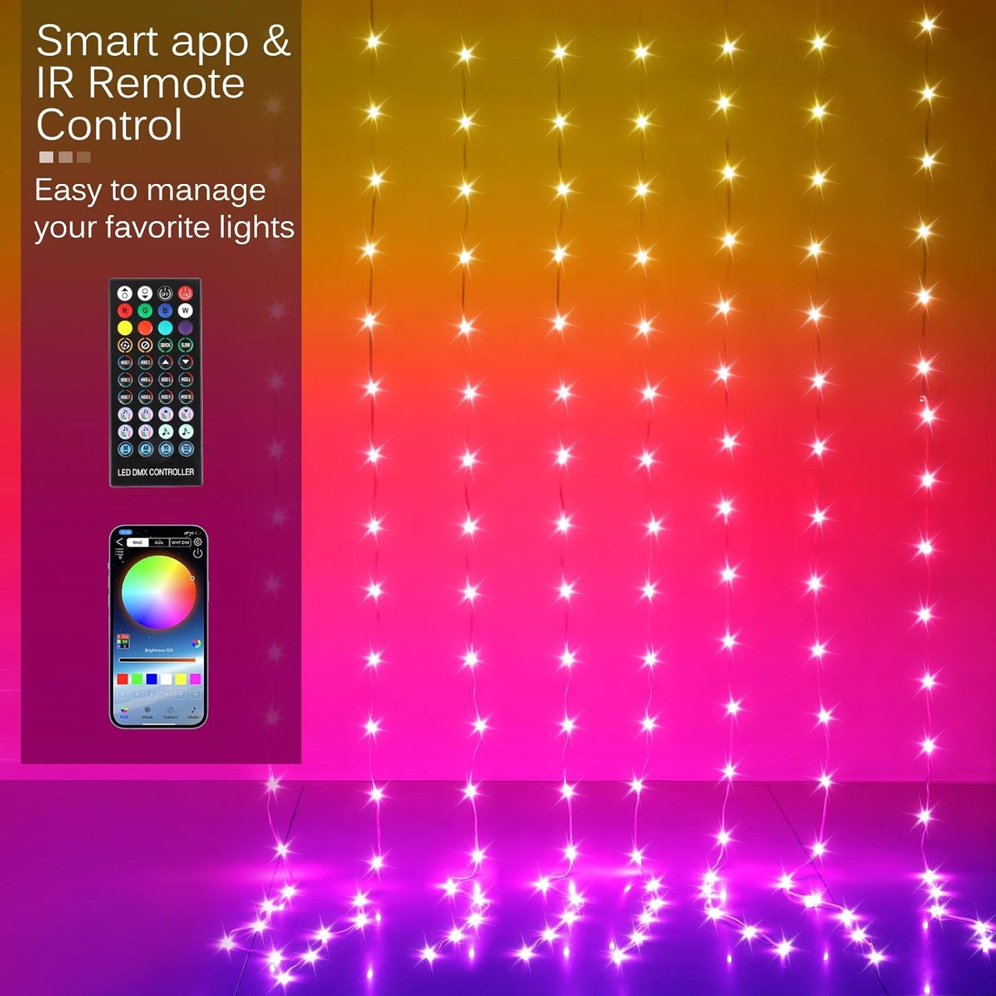 LED Curtain Lights, 8ft x 6ft 144 LED RGB Color Changing String Fairy Lights Curtain with Smart APP Control, Music &Voice Sync for Bedroom Backdrop Wall Indoor Outdoor Christmas Decorations