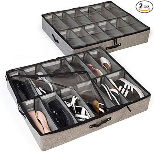 storageLAB Slim Under Bed Storage Containers, Closet Organizers with Sturdy Handles for Clothes, Comforters, and Accessories, Use Under or at the End of the Bed - 2 Pack, Adjustable Dividers, Grey