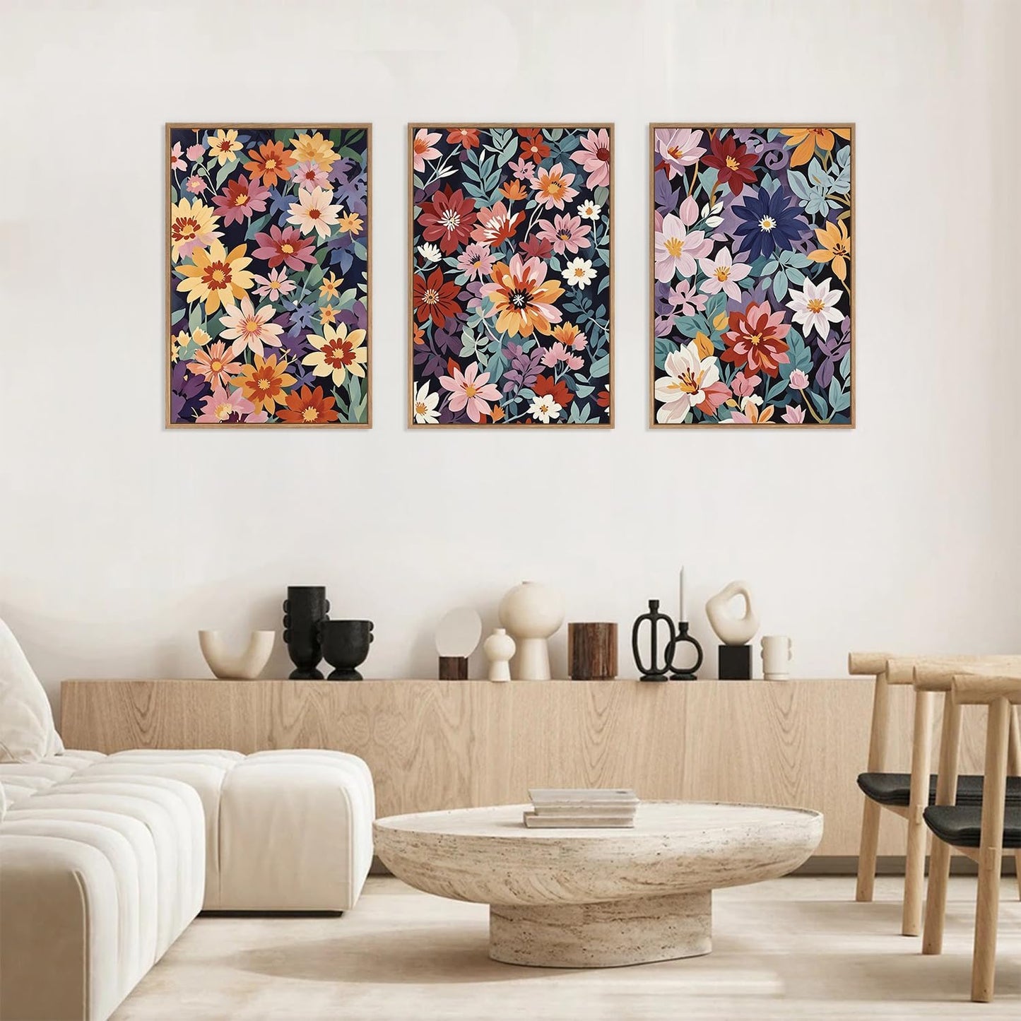 HLNIUC Boho Floral Framed Canvas Wall Art,Colorful Wildflower Landscape Wall Decor Set of 3(16”x24”)Rustic Bohemian Style Flower Art Print,Modern Botanical Floral Wall Painting for Living Room Bedroom
