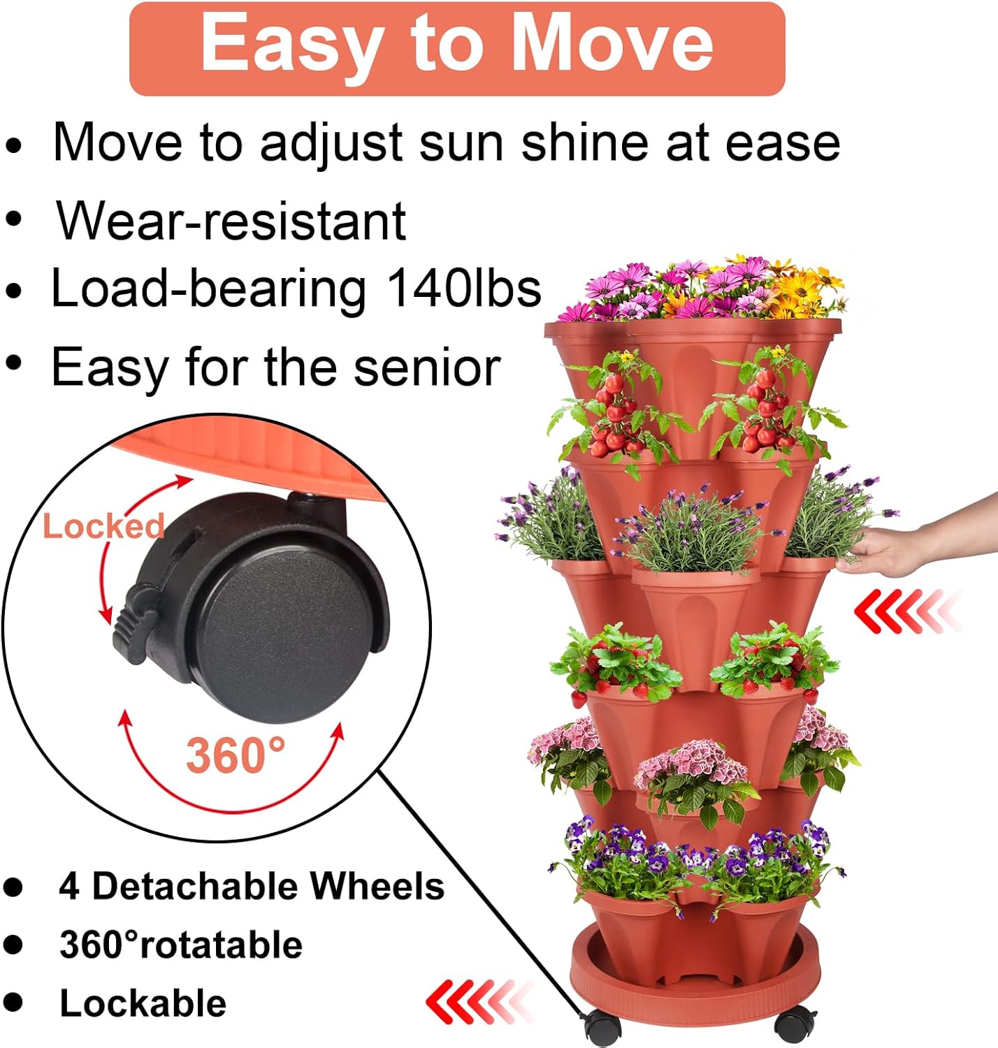 DUNCHATY Stackable Planters 6 Tier Vertical Garden Planting Tower Planters Strawberry, Herb, Flower, and Vegetable Planter Indoor Outdoor Gardening Pots with Removable Wheels and Tools