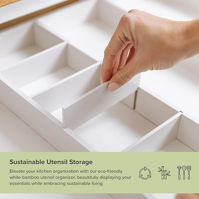 Adjustable Kitchen Drawer Organizer for Utensils and Junk, Food-Safe Contract Grade with 100% Sustainable Wood, Expandable from 19 to 33 Inches Wide - White Bamboo