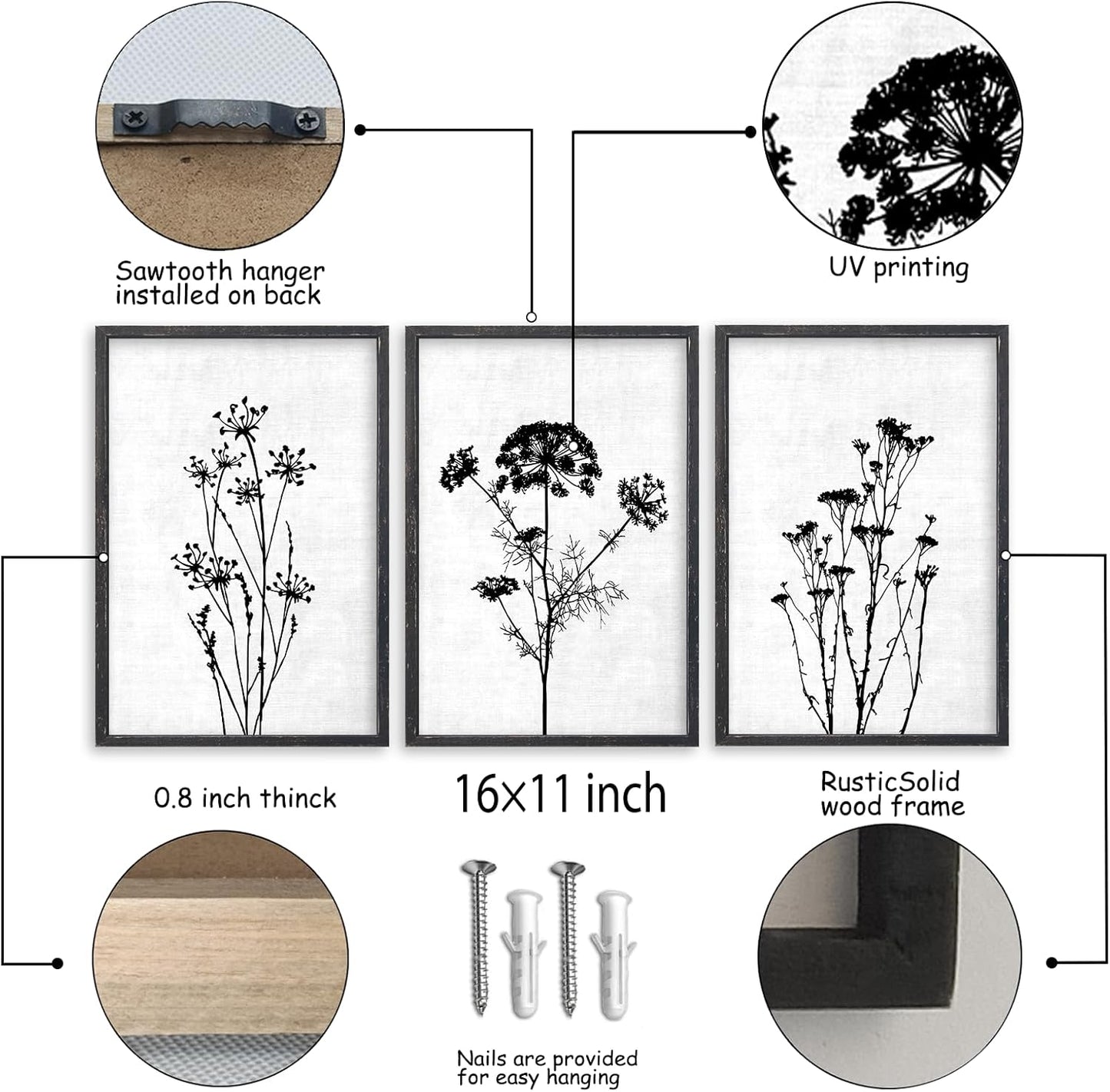 Flower Plant Wall Art Decor 16"x11" Set of 3 Black And White Botanical Painting Wood Framed For Minimalist Bedroom Office Rustic Living Room Abstract Wildflower Sign Hanging (Black)
