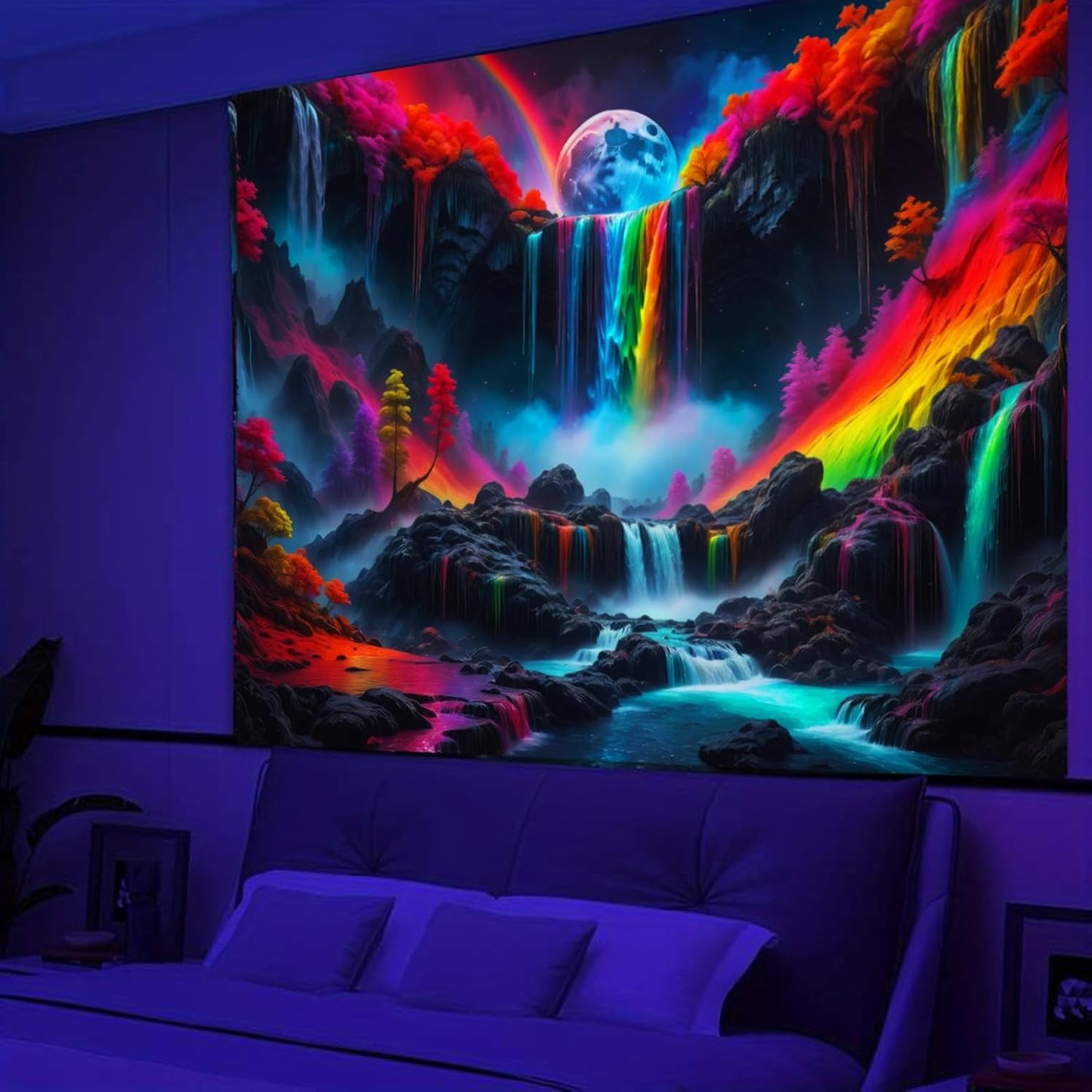 SparkLia Blacklight Waterfall Planet Tapestry, UV Reactive Glow in the Dark Fantasy Landscape Mountain Wave Neon Nature Wall Hanging Tapestries for Bedroom - 80 x 59 inches