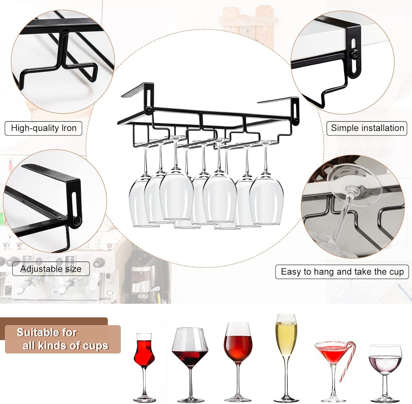 AUHOKY 2Pcs Adjustable Wine Glass Rack Under Cabinet, Punch-Free 3 Rows Stemware Metal Holder, Hanging Glass Storage Hanger Organizer for Shelf Kitchen Bar Decor (3 Rows, Black)