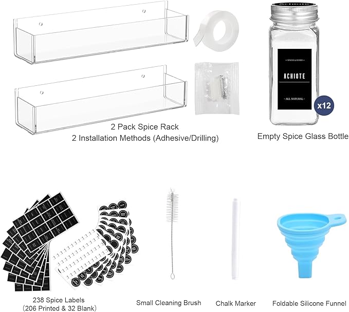 PMMASTO Adhesive Acrylic Spice Rack Organizer with 12 Empty Square Spice Jars, 238 Spice Labels with Chalk Marker and Funnel Complete Set for Kitchen Cabinet/Pantry Door (Clear - 2 Pack)