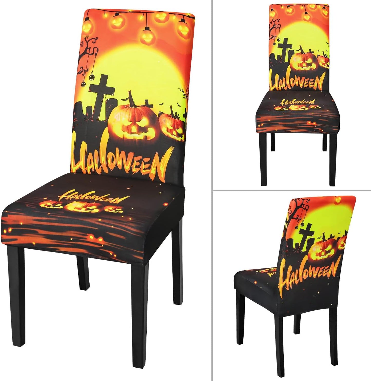 JQinHome Orange Halloween Chair Slipcover, Pumpkin Chair Covers Set of 6, High Stretch Washable Chair Protector Cover for Dining Room, Kitchen,Home Party,Wedding Ceremony(Orange,6PC)