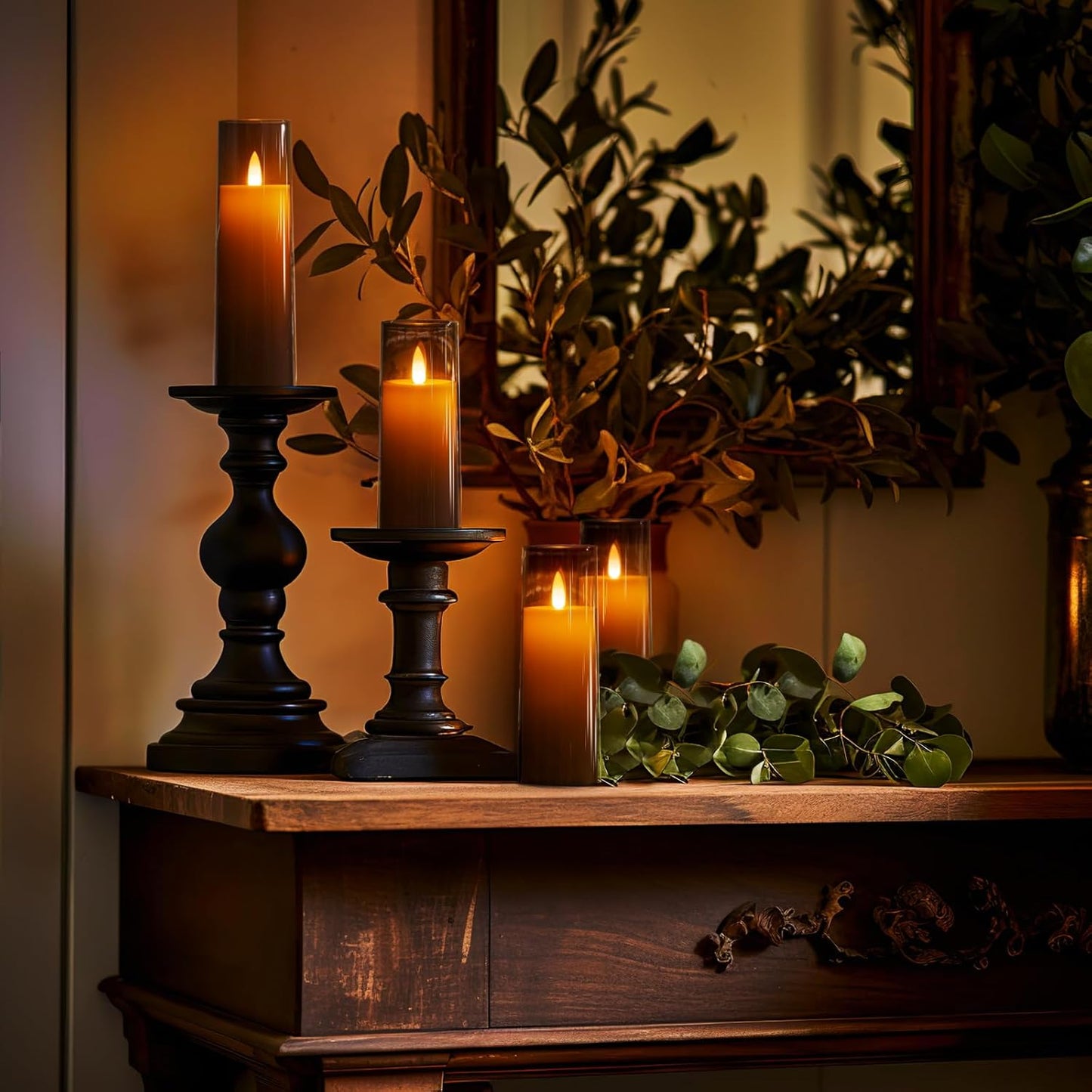 Homemory Decorative Flameless Candles, Battery Operated Candles with Remote & Timer, Flickering Led Pillar Candles, Plexiglass, Grey, Pack of 9, D2.2 xH 5" 6" 7"