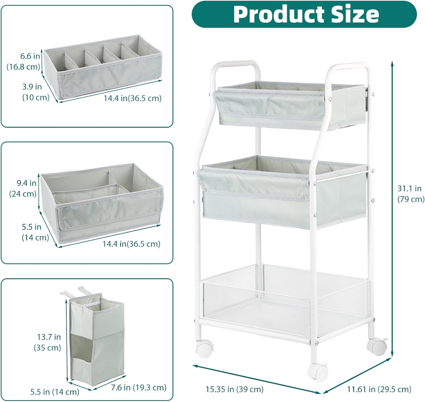 Moteph Rolling Utility Cart with Side Storage - Diaper Organizer, Nursery Essentials, and Craft Organizer (with_Side_Storage)