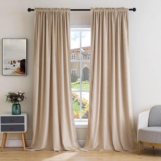 MIULEE Camel Beige Velvet Curtains Thermal Insulated Blackout Curtain Drapes for Bedroom Living Room Darkening 108 Inches Long Curtains Panels Rod Pocket Set of 2