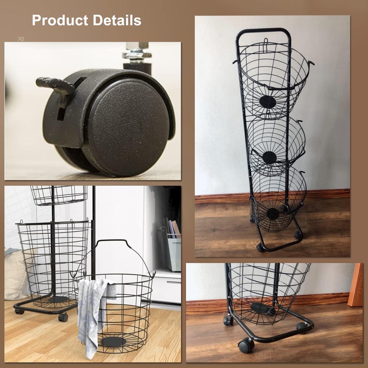 3 Tier Laundry Basket with Rolling Lockable Wheels Wire Metal Sorter Storage Trolley Shelf Basket Durable Metal Sorter Clothes Storage Trolley Shelf with Removable Hamper for Organizing Clothes