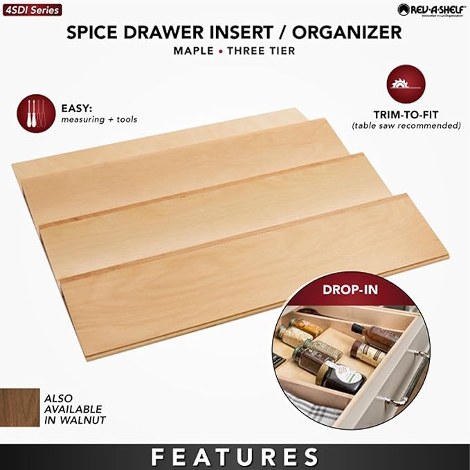 Rev-A-Shelf 22" 3 Tiered Seasoning Organizer, Trim-to-Fit Wooden Kitchen Draw and Cabinet Home Storage Insert, Pull Out Spice Rack, Maple, 4SDI-24
