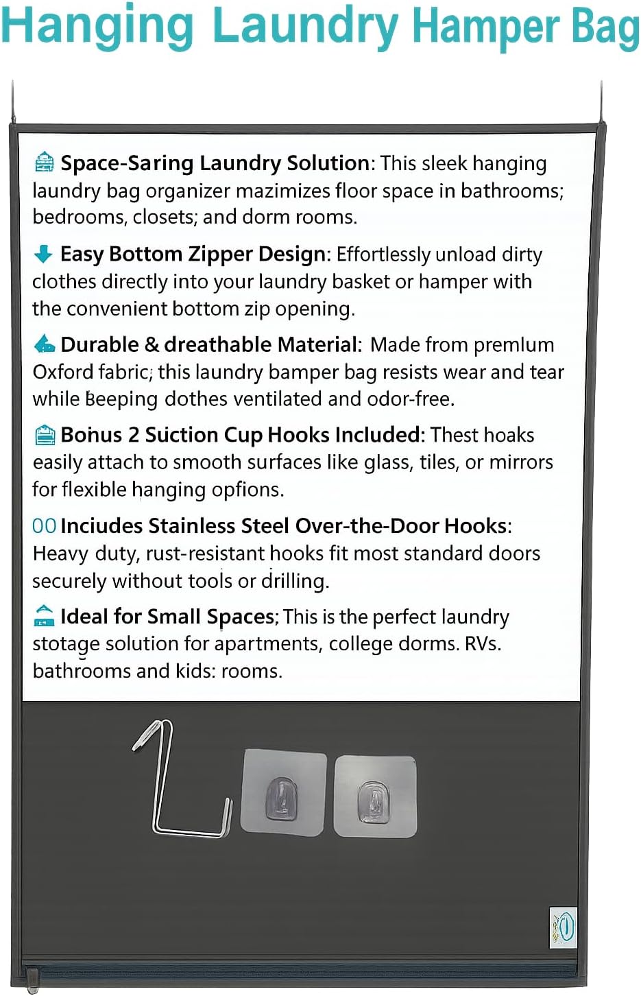Hanging Laundry Hamper Bag – Space-Saving Dirty Clothes Storage with Free Adjustable Stainless Steel Over-the-Door Hooks & Suction Cup Hooks – Ideal for bathrooms, bedrooms & dorms (2, Gray)