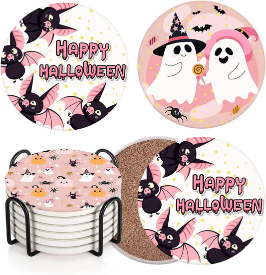 Coaster for Drinks Set of 6, Happy Halloween Cute Ghost Groovy Pink Absorbent Round Ceramic Stone Mat, with Cork Base and Metal Holder, Gift for Housewarming Room Bar Decor
