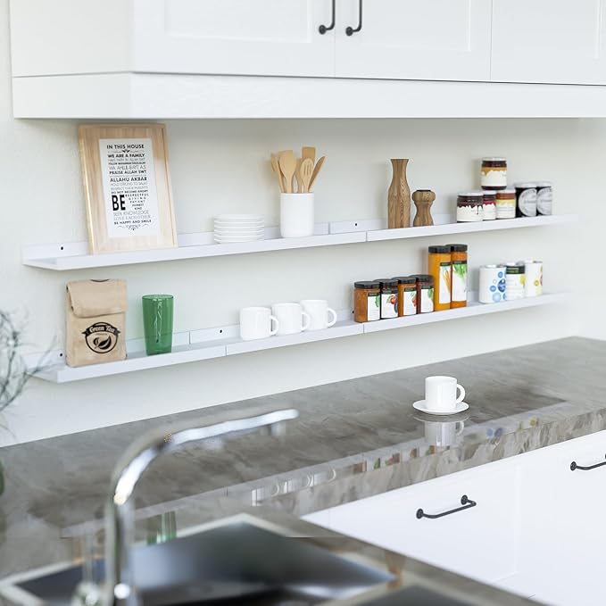 RICHER HOUSE 8 Set Floating Wall Mounted Shelves, Nursery Hanging Book Shelves with Lip for Storage, White Display Picture Ledge Shelf for Bedroom Bathroom Kitchen Living Room Wall Decor, Modern White