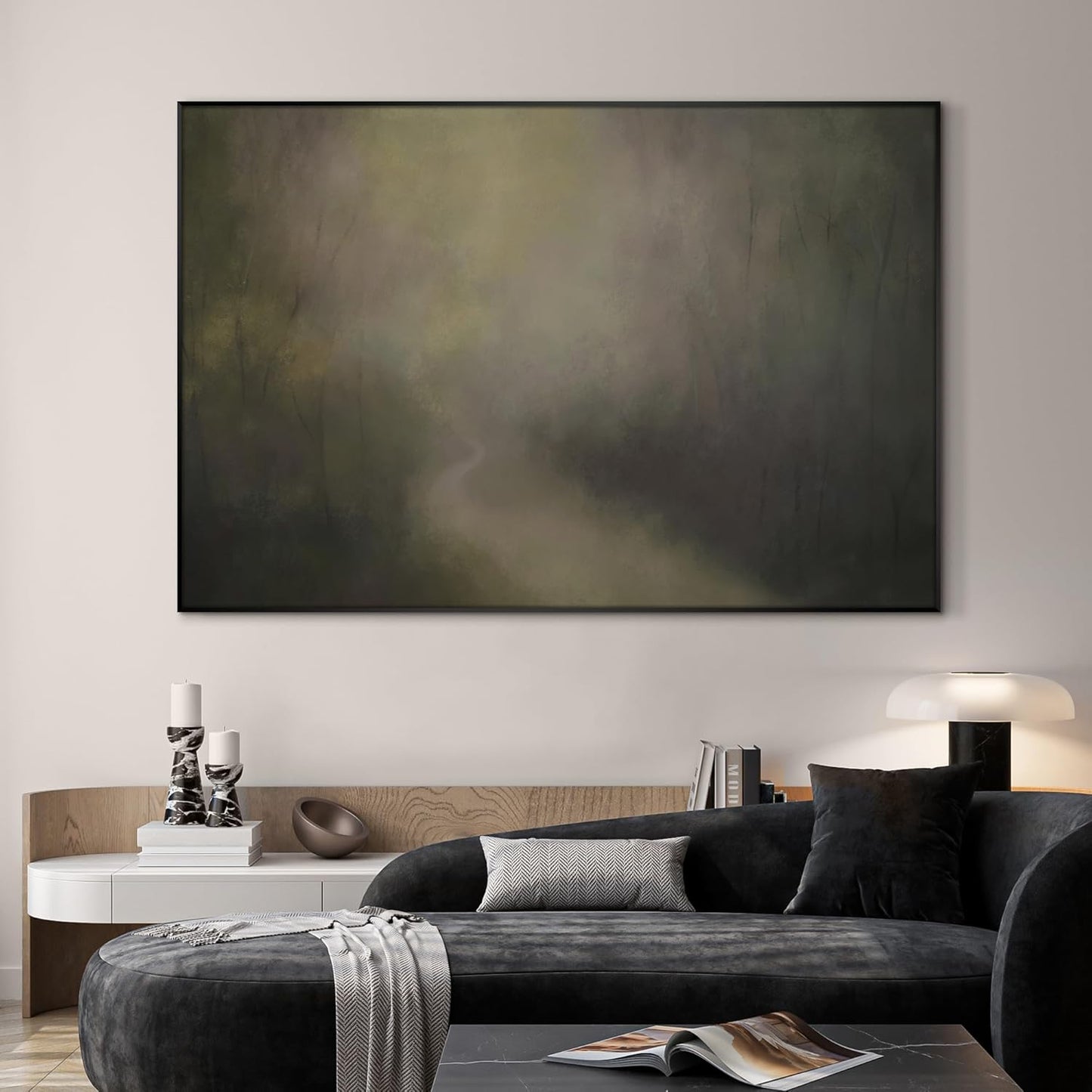 SIGNWIN 46"x72" Extra Large Framed Wall Art Muted Forest Path Soft Misty Woodland Scene Illustration for Home Living Room Bedroom Decor (Frame Assembly Required)