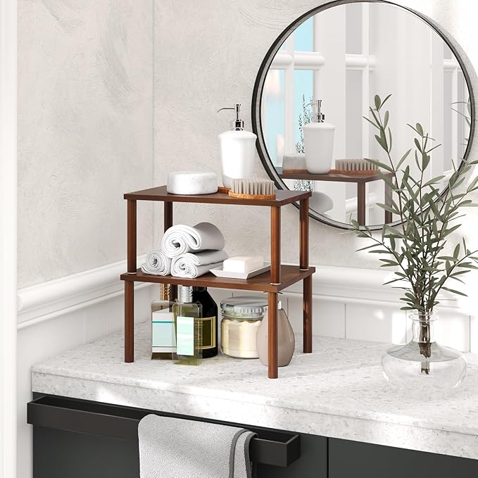 Cabinet Organizer Shelf(Set of 2),Kitchen Counter Shelves,Bamboo Spice Rack Countertop and Cabinet,Stackable Expandable,Medium(Brown)