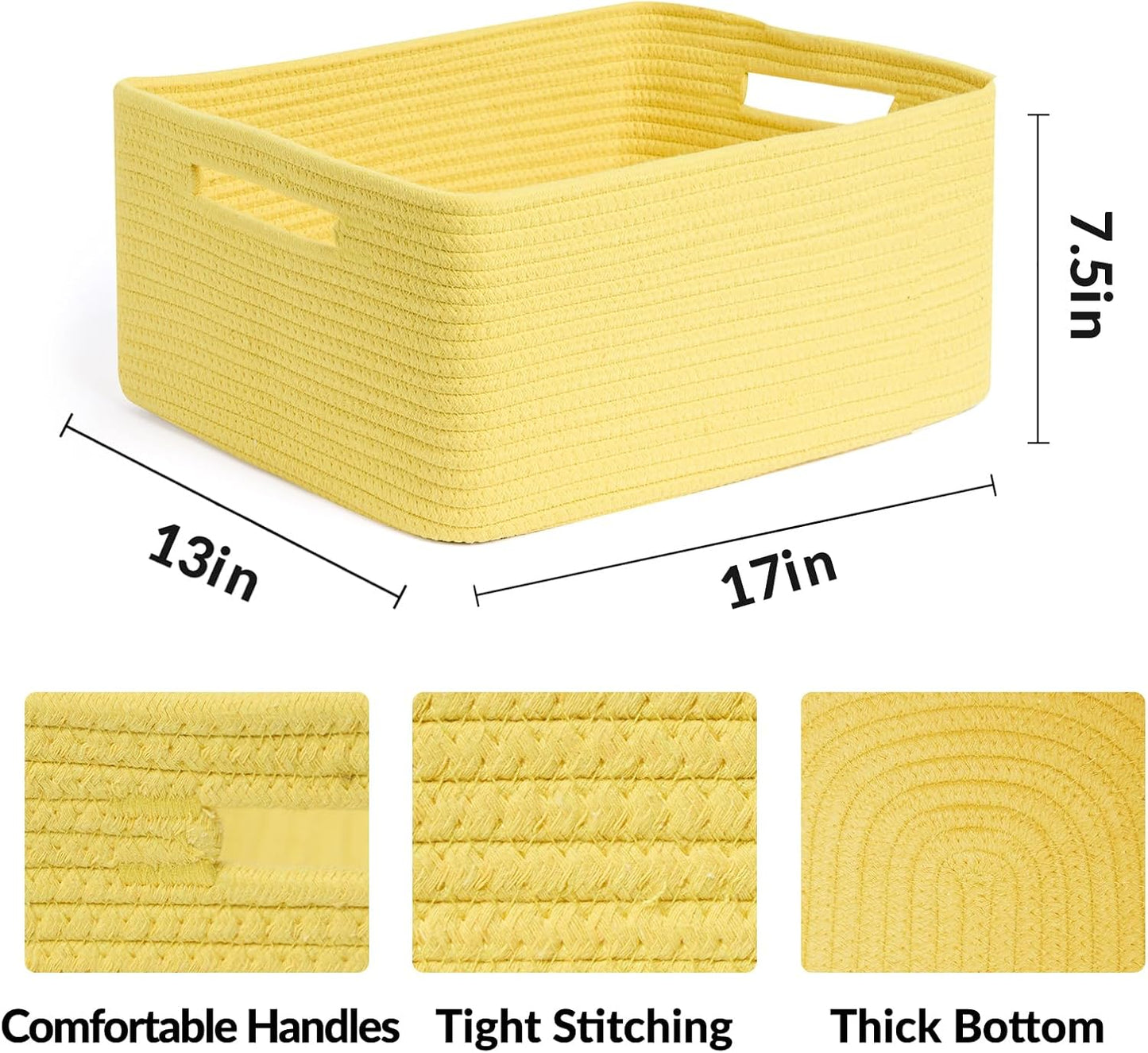 Large Storage Baskets for Shelves, Closet Organizers Bins for Clothes Blanket Towels, Baby Nursery, Toy Baskets Box, Woven Rope Baskets, 17 x 13 x 7.5”, 2 Packs Yellow