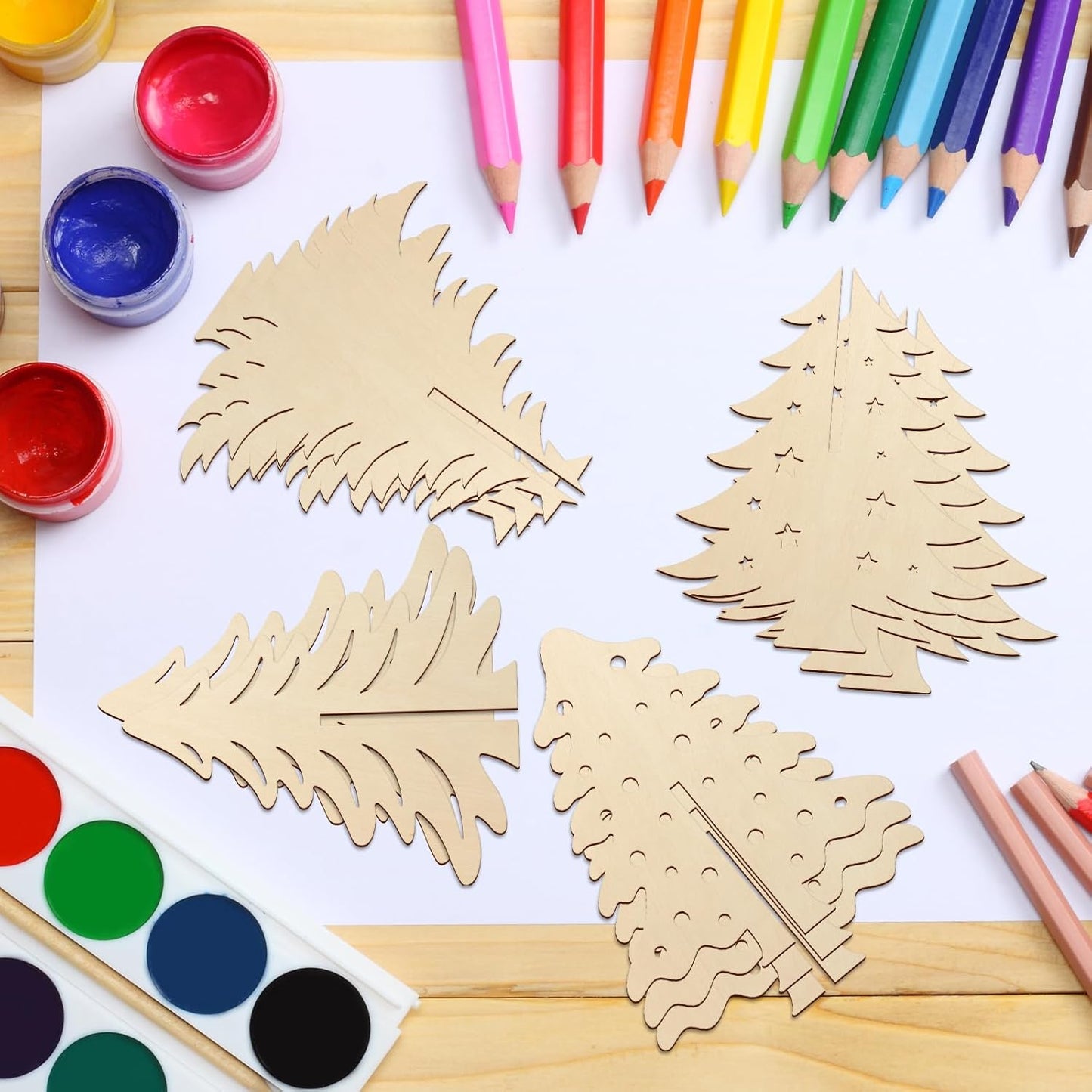 COCHIE DIY 3D Christmas Tree Wood Crafts to Paint for Kids Adults, Paintable Unfinished Wooden Slices for Craft, Xmas Trees Cutouts Ornaments for Painting Decorations (24 PCS)
