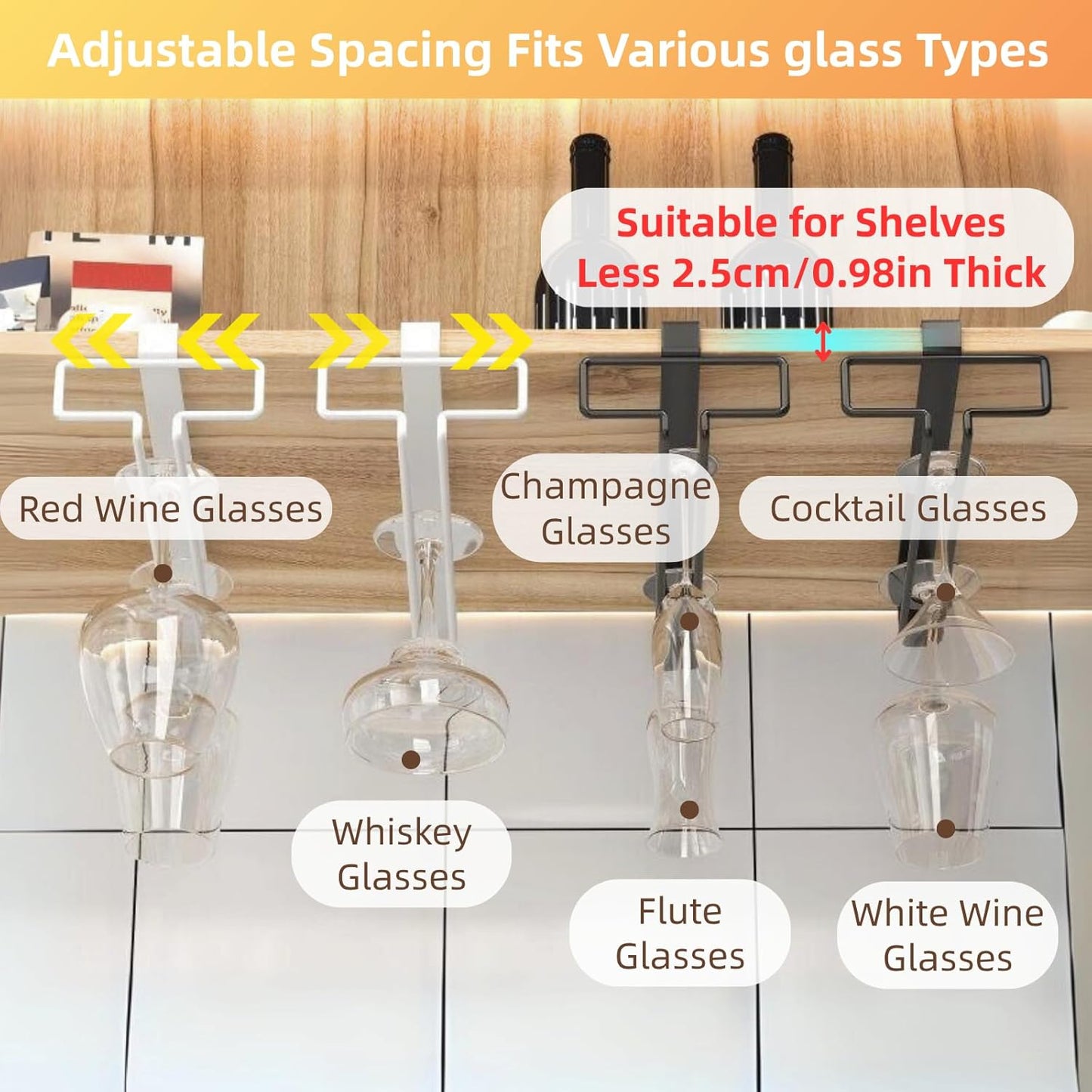 LINFIDITE 2 Pack Wine Glass Holder Stemware Rack Hanger Under Cabinet Wine Glass Rack Kitchen Hanging Storage Rack Organizer,White