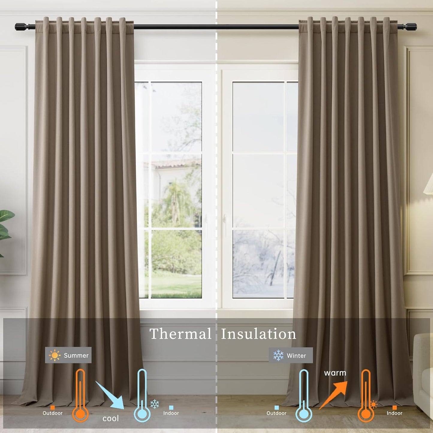 BOODII 100 Inch Blackout Curtains 2 Panels Set Back Tab Thermal Insulated Dark Brown Linen Textured Black Out Curtains Noise Reducing Neutral Living Room Darkening Window Drapes Pleated Look 52x100