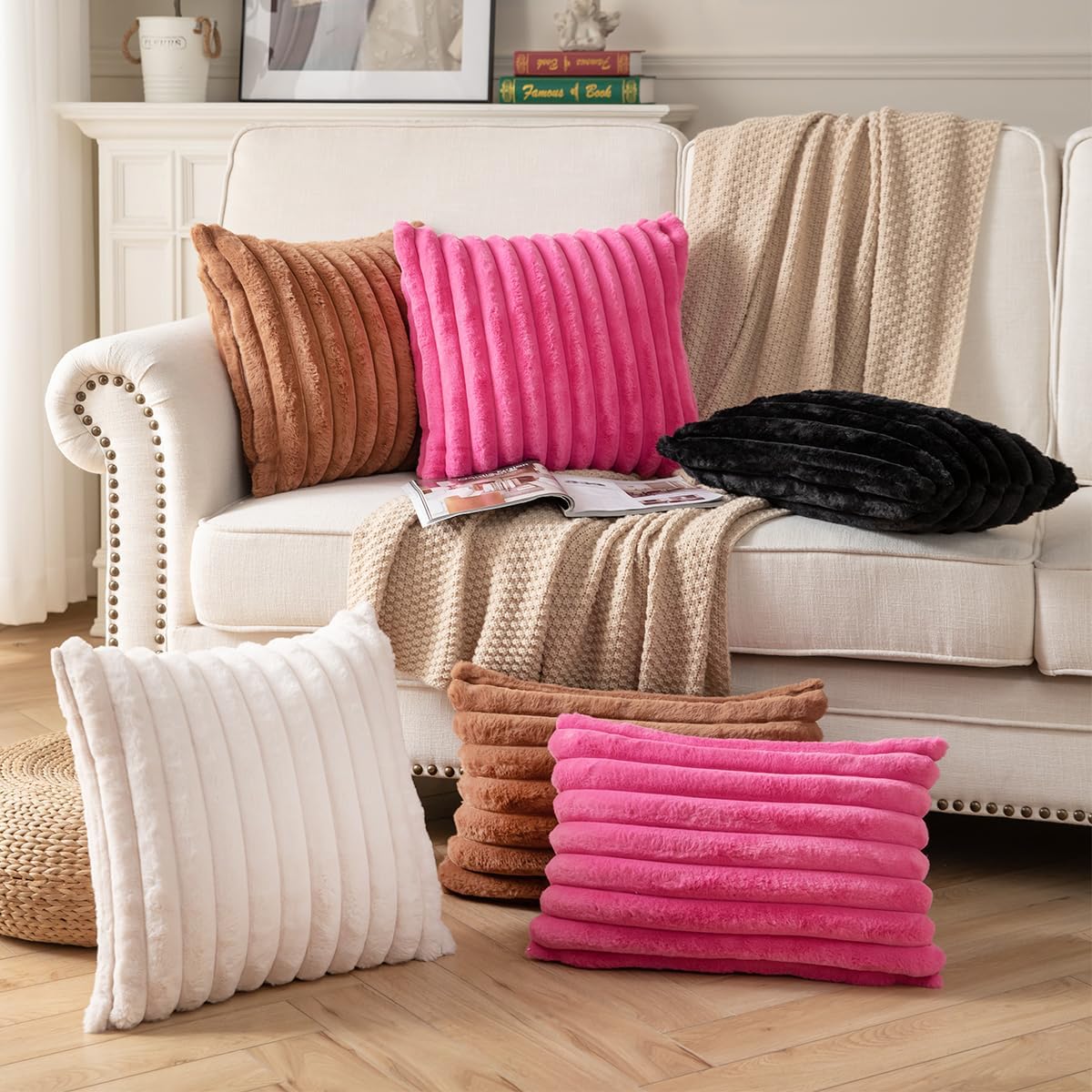 DEELAND Pack of 2,Double-Sided Faux Fur Plush Decorative Throw Pillow Covers Fuzzy Striped Soft Pillowcase Cushion Covers for Sofa Couch Bedroom Brown 18x18 inch