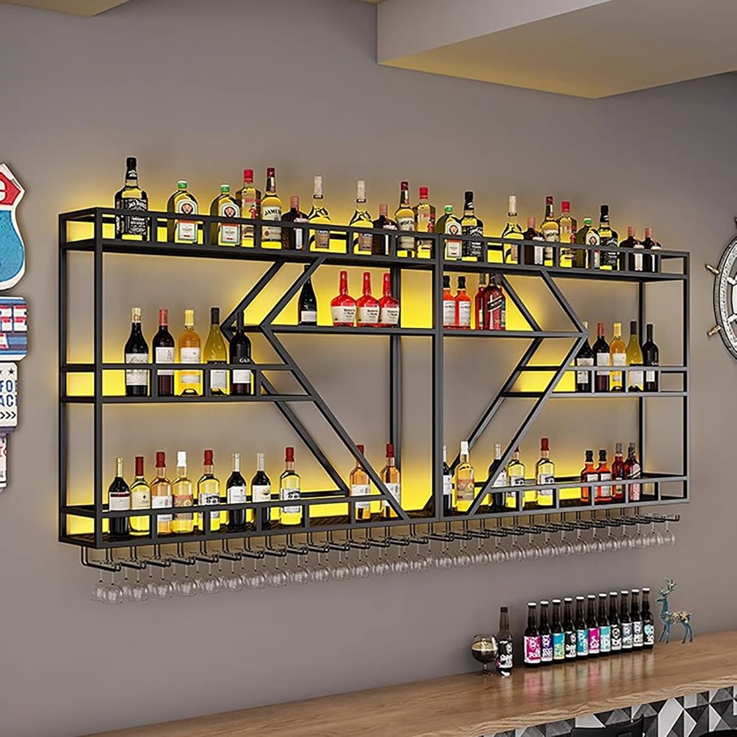 Wall Mounted Wine Rack with Glass Holder, 3-Tier Metal Storage Shelf, Black Diamond Design, Wine Bottle Display with Stemware Storage (Black, 94.48in/240)