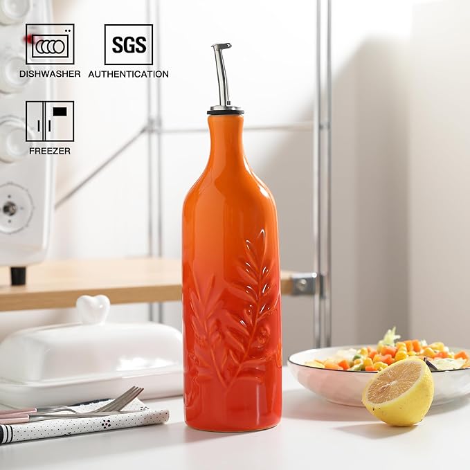 Sweejar Ceramic Olive Oil Dispenser Bottle, 24 Oz Relief Opaque Oil Cruet Protects To Reduce Oxidation, Suitable for Storage Soy Sauce, Coffee Syrup, Liquids, Set of 1 (Gradient Orange)