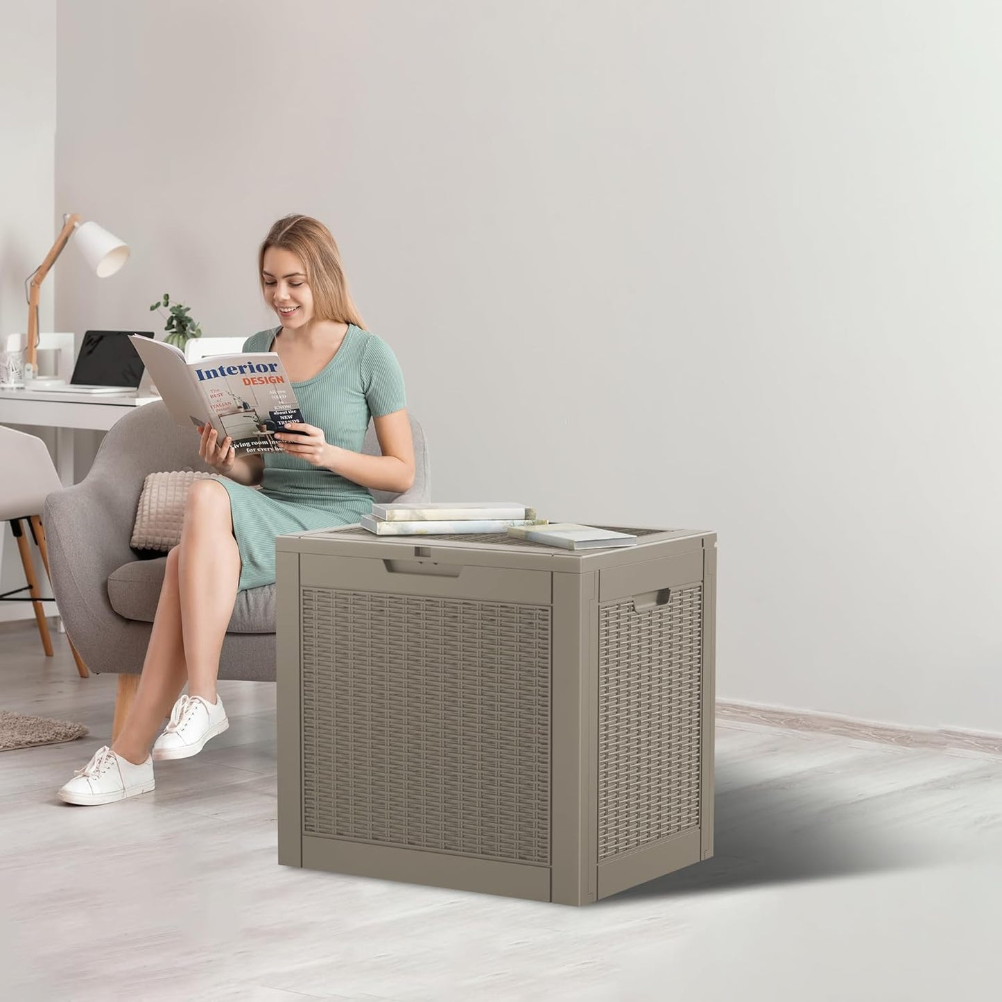 Vixzen 31 Gallon Resin Deck Box - Lockable Outdoor Storage for Patio Cushions, Garden Tools, Pool Supplies，Grey