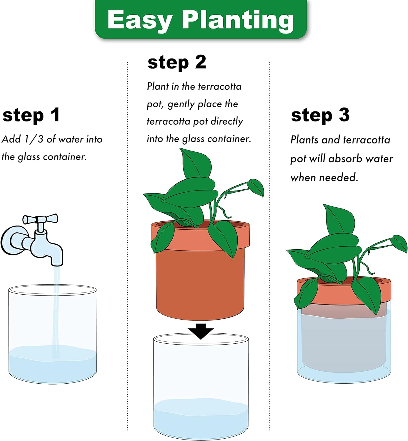 Phoenix Vine 6 Inch Self Watering Planter Pot, Terracotta Clay Pot with Glass Reservoir for Indoor Plants, Herbs, Flowers, Set of 2, 52-A-F-2