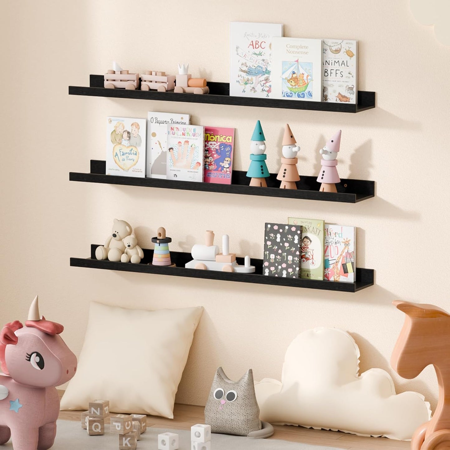 upsimples Floating Shelves for Wall, Wall Shelves for Decor Storage Set of 6, Wall Mounted Wood Shelf for Bedroom, Living Room, Bathroom, Kitchen, 35.5 inch Long Picture Ledge Shelf, Black