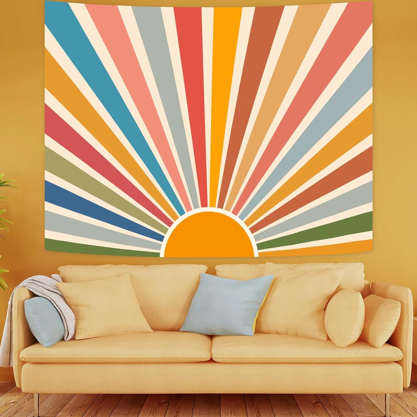 Kanuyee Boho Burning Sun Tapestry Wall Hanging, Retro 70s Abstract Vintage Geometric Rainbow Sunrise Tapestries for Bedroom Living Room Backdrop 60×80 inch