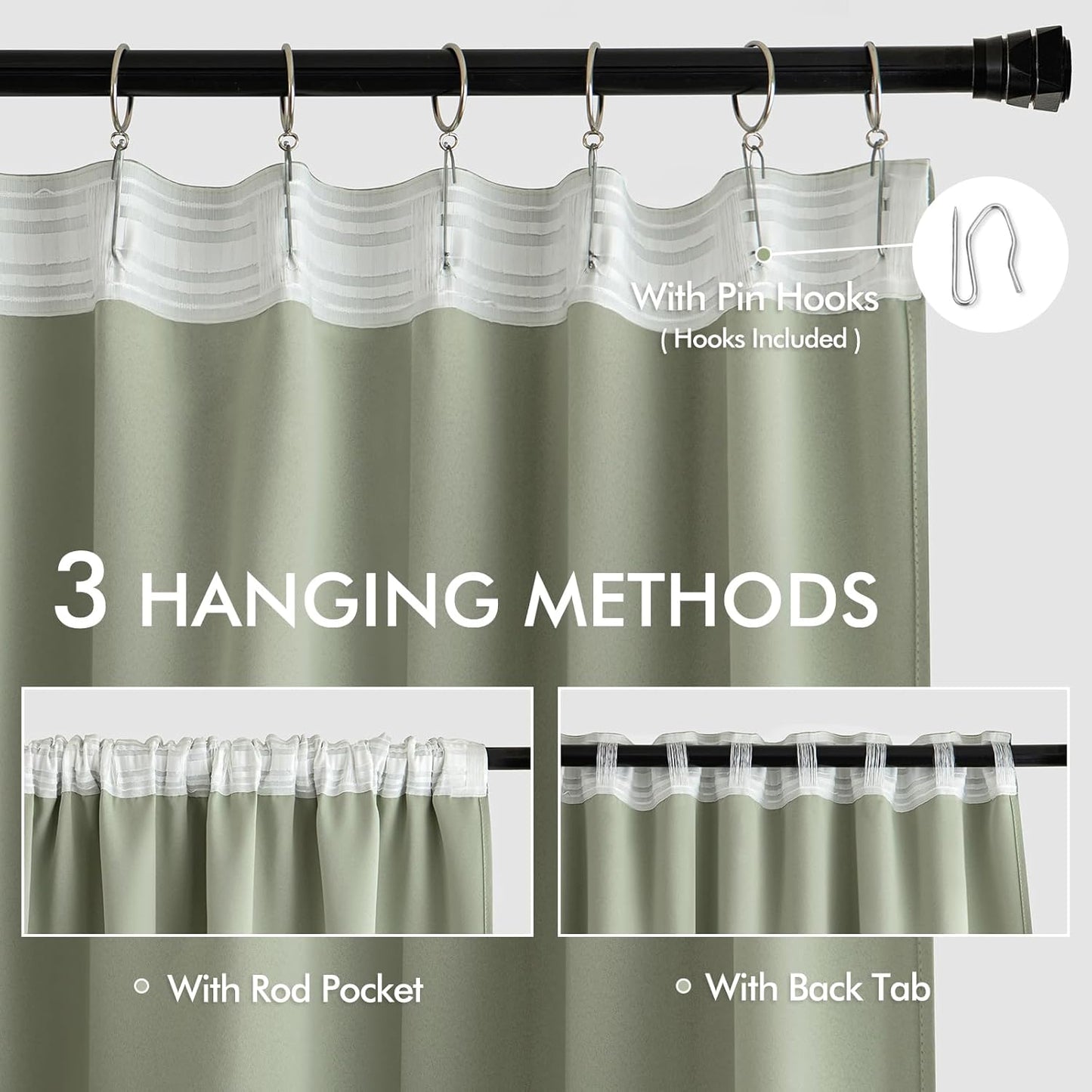 MIULEE Sage Green Back Tab Blackout Curtains 96 Inch Length 2 Panels Set for Living Room Bedroom Privacy, Rod Pocket/Pinch Pleated Thermal Insulated Room Darkening Light Blocking Drapes, W66xL96