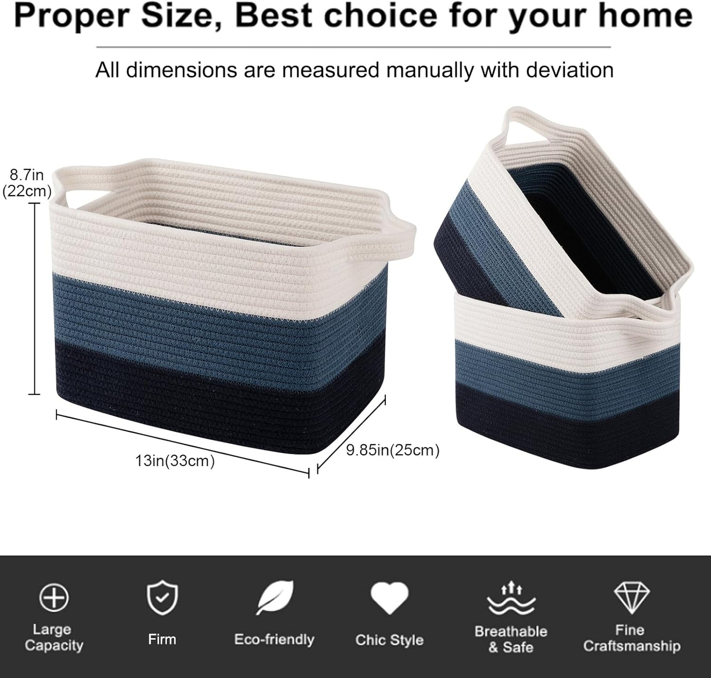 OIAHOMY Storage Basket, Woven Baskets for Storage, Cotton Rope Basket for toys,Towel Baskets for Bathroom - Pack of 3, Gradient Blue