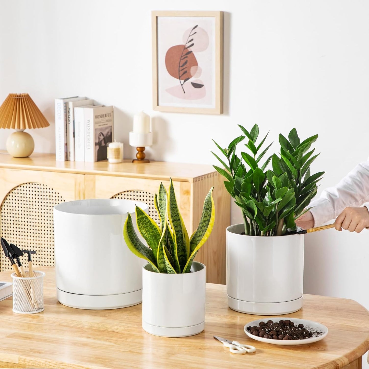 vancasso Ceramic Planters, Plant Pots for Indoor Plants, 6.25+8.25+10.25 Inch Ceramic Pots for Plants, Flower Pots with Drainage Holes, Planters Pot for Indoor House Plant, Set of 3, White