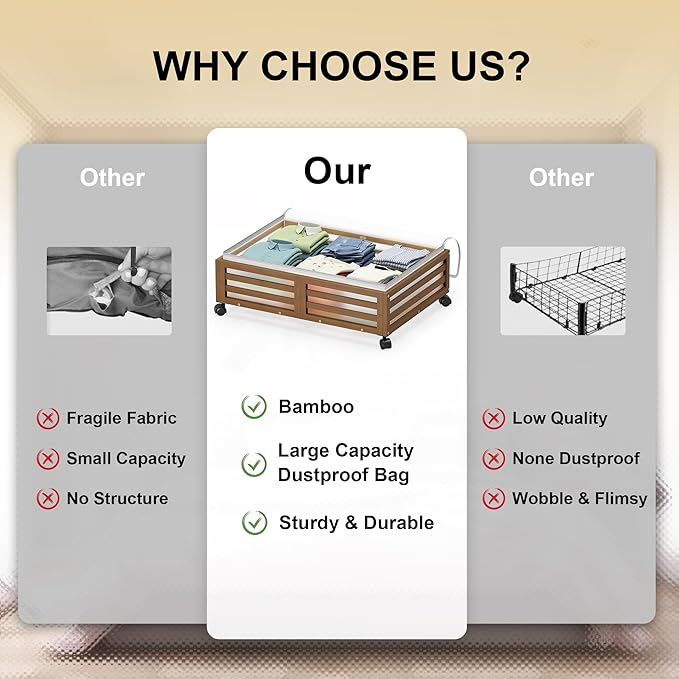 Under Bed Storage Containers With Wheels - 2 Pcs Bamboo Wood Rolling Underbed Shoe Storage Bins With Dust Bags for Clothes Blankets, Duvet Covers Snacks Toys (Walnut)