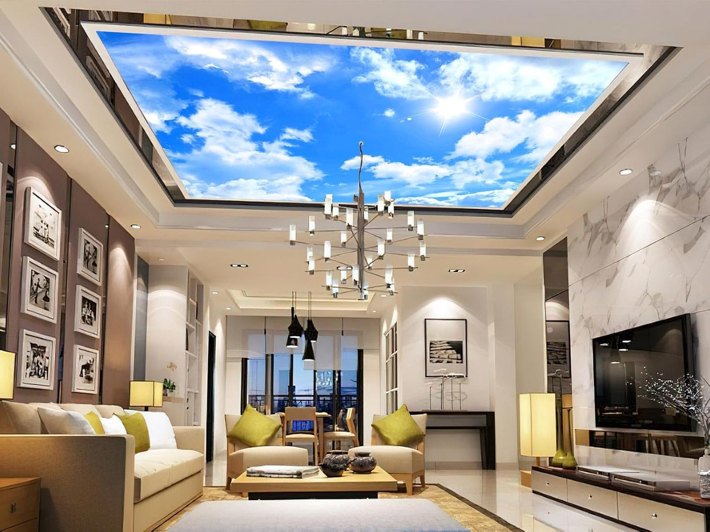 Blue Sky and White Clouds Suspended Ceiling Wall Mural Wallpaper for Bedroom 137" x 100"