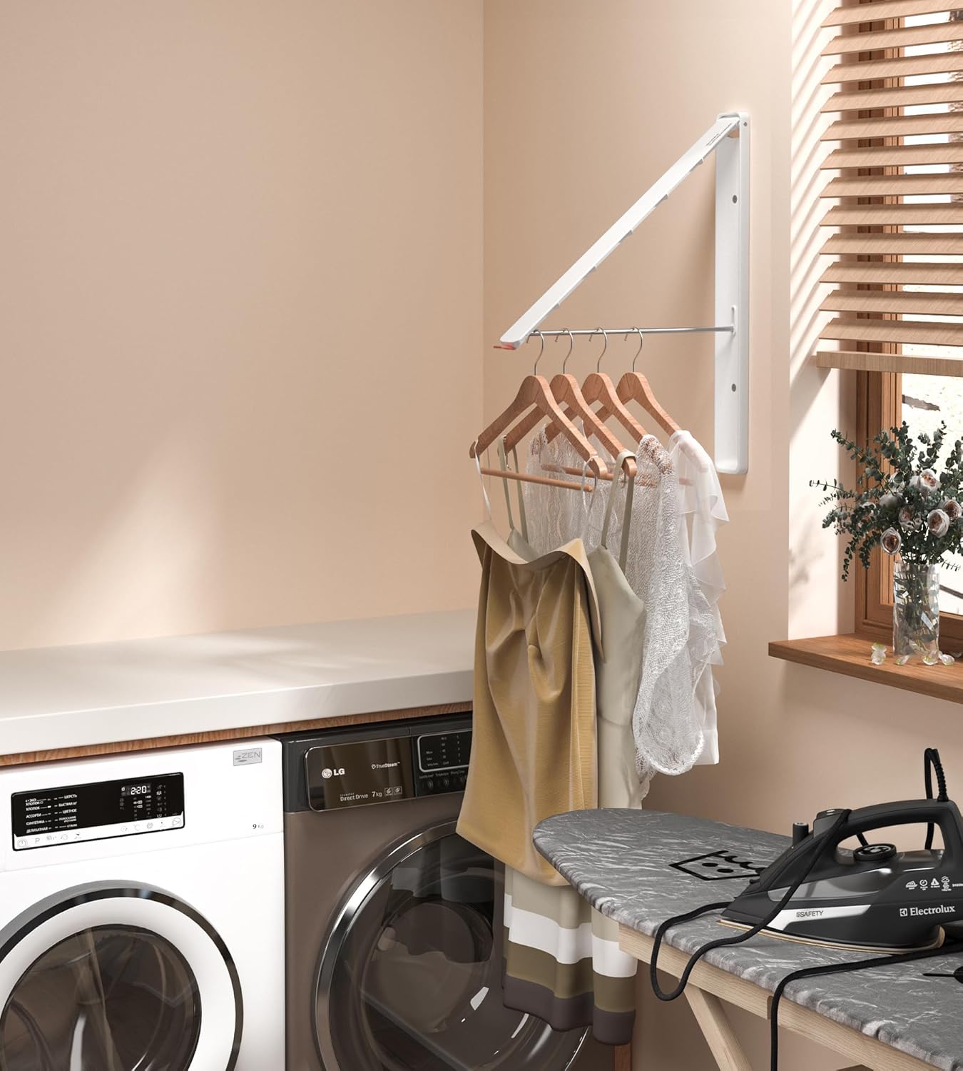 Dr.DJ Clothes Drying Rack with Rod, Wall-Mounted Retractable & Foldable Clothes Hanger for Laundry Room Organization and Storage, Metal Clothes Hanger Rack for Dorm, Closet, Balcony 2Rack,1Rod White