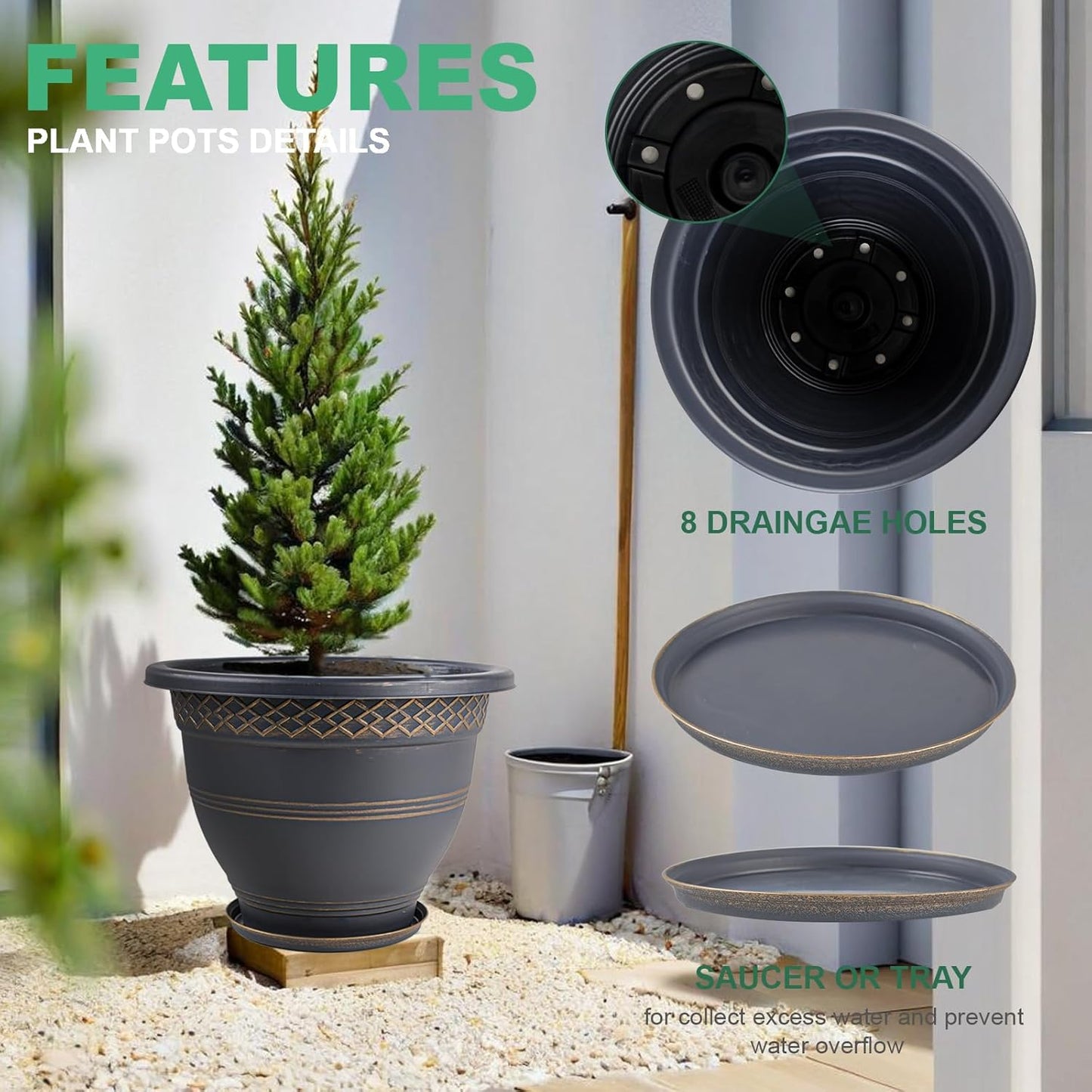 4 Pack 16 Inch Large Plant Pots, Plastic Flower Pot for Indoor & Outdoor with Drainage Holes & Saucer, Plaid Pattern Planters Garden Pots for Herbs Gold