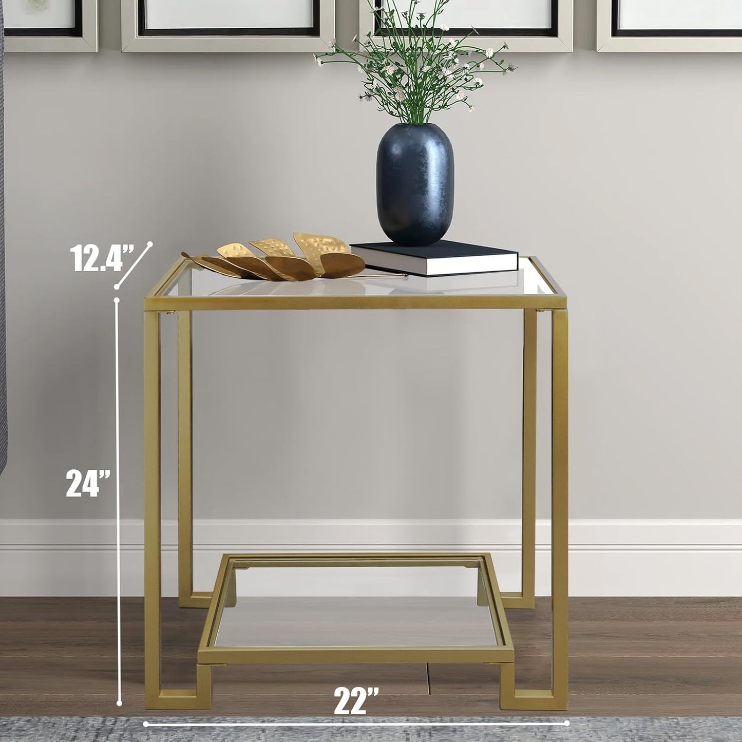 2 Tier Rectangular Side Table, Gold End Table with Glass Top, Modern Metal Clear Coffee Table，Small Accent Table for Living Room, Bedroom, 22" x 12.4" x 24"