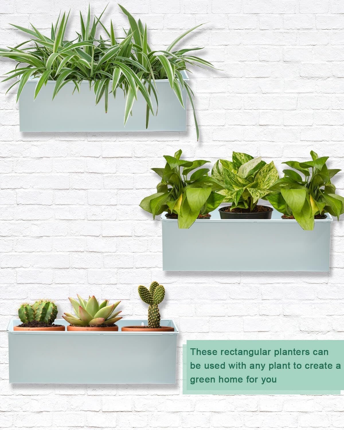 vensovo Metal Wall Hanging Planter Boxes – 12" Rectangle Flower Pots, 3 Pack with Drainage, Durable Galvanized Finish for Indoor Outdoor Balcony Fence Windowsill, White