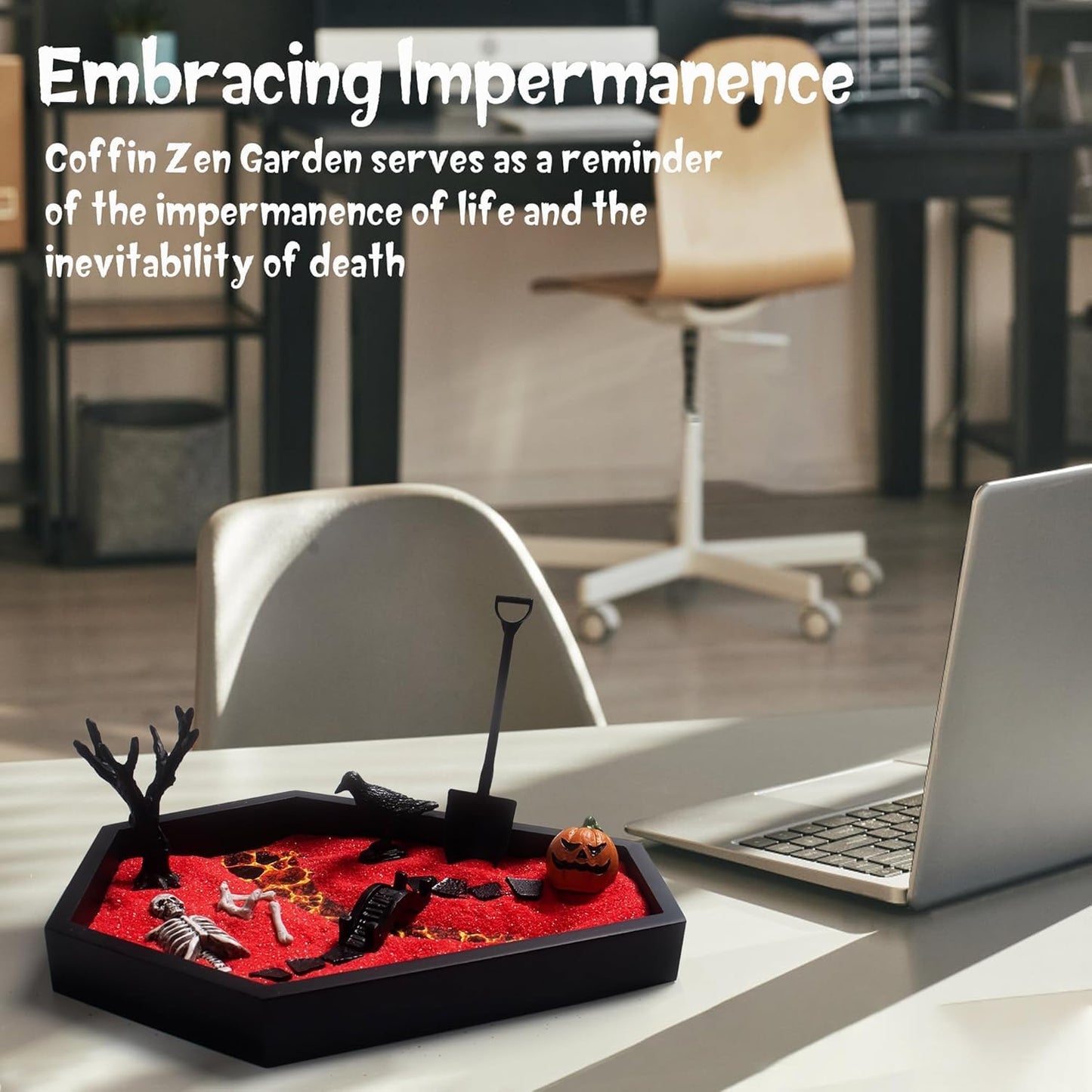 Coffin Zen Garden for Desk 7" x 9" Mini Zen Garden Kit Accessories for Office Coffin Spooky Decor Tray Gifts Gothic Decor Gift for Man Women