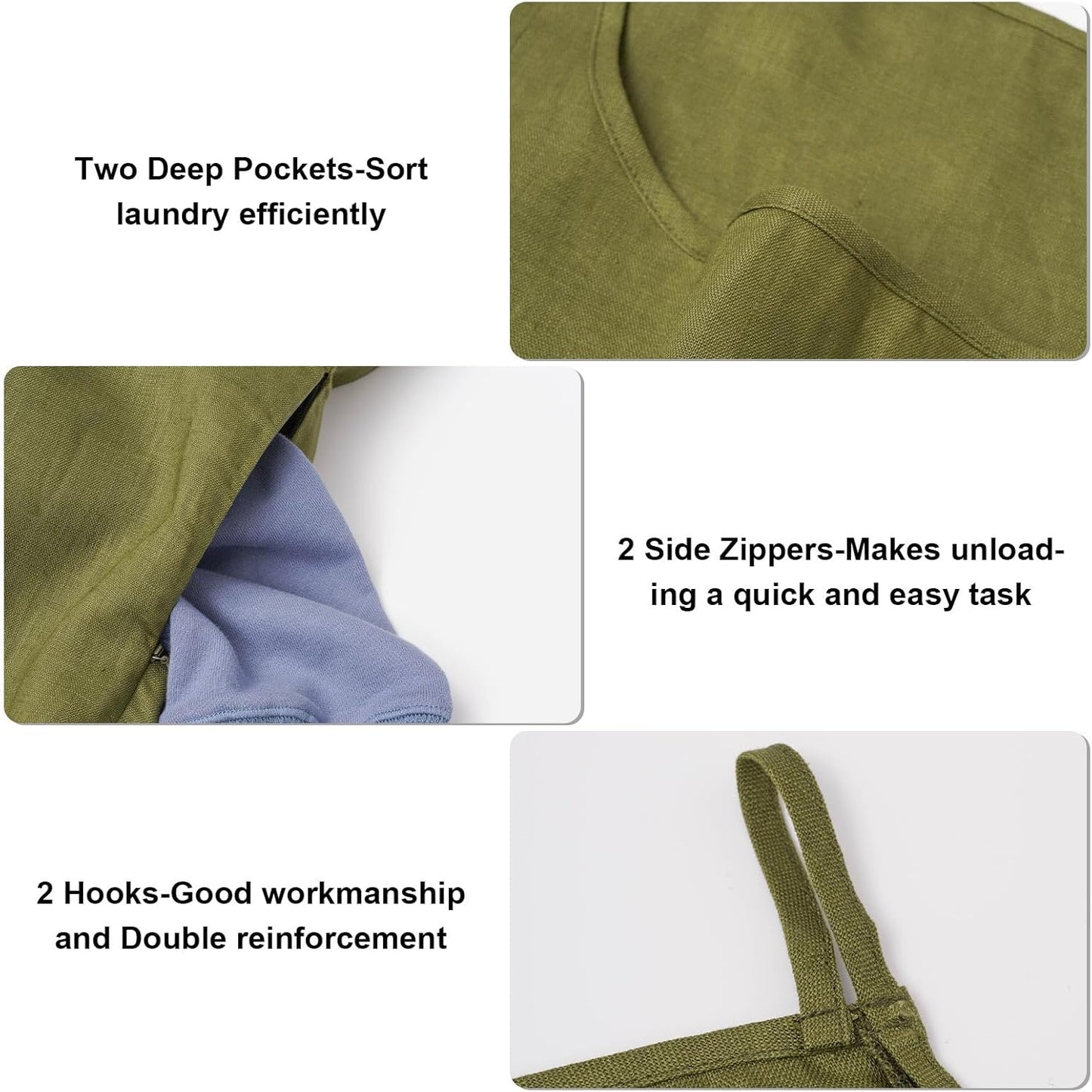 100% Pure Linen Dual Hanging Laundry Bag with 2 Deep Pocket and 2 Side Zipper 20x27in, Over The Door Laundry Hamper Space Saving Hampers for Dirty Clothes Home Travel, Green