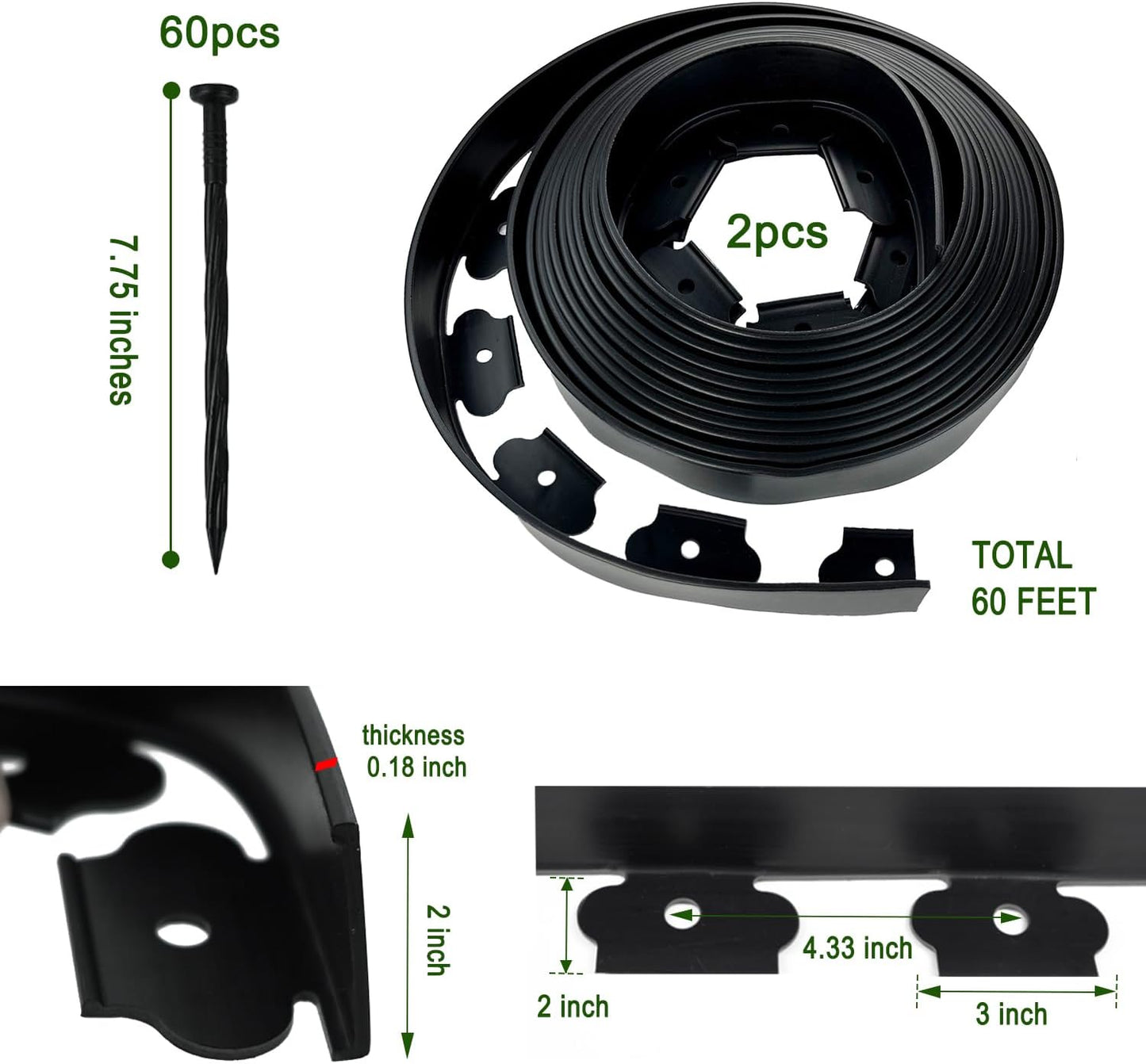 Hugeleaf Landscape Edging 2 Inch Tall 60 Feet Garden Edging Border with 60pcs Stakes, Plastic Edging for Landscaping,Lawn,Flower Beds, Paver Edging (Black)