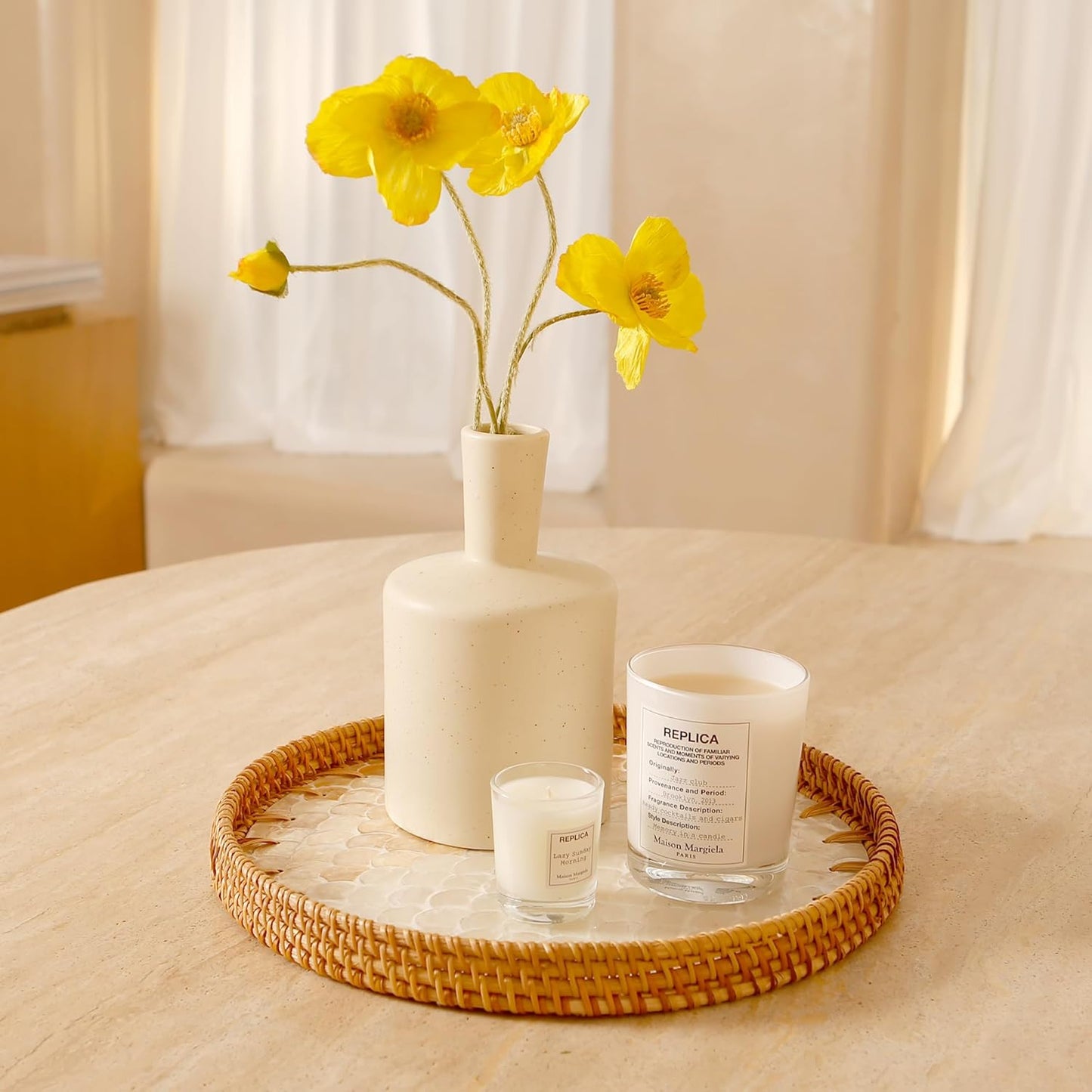 Round Rattan Tray with Mother of Pearl Inlay & Wooden Base - Decorative Wicker Serving Tray for Coffee/Bread/Fruits, Food Storage & Display - Multipurpose Home Decor (L,Fish Scales)