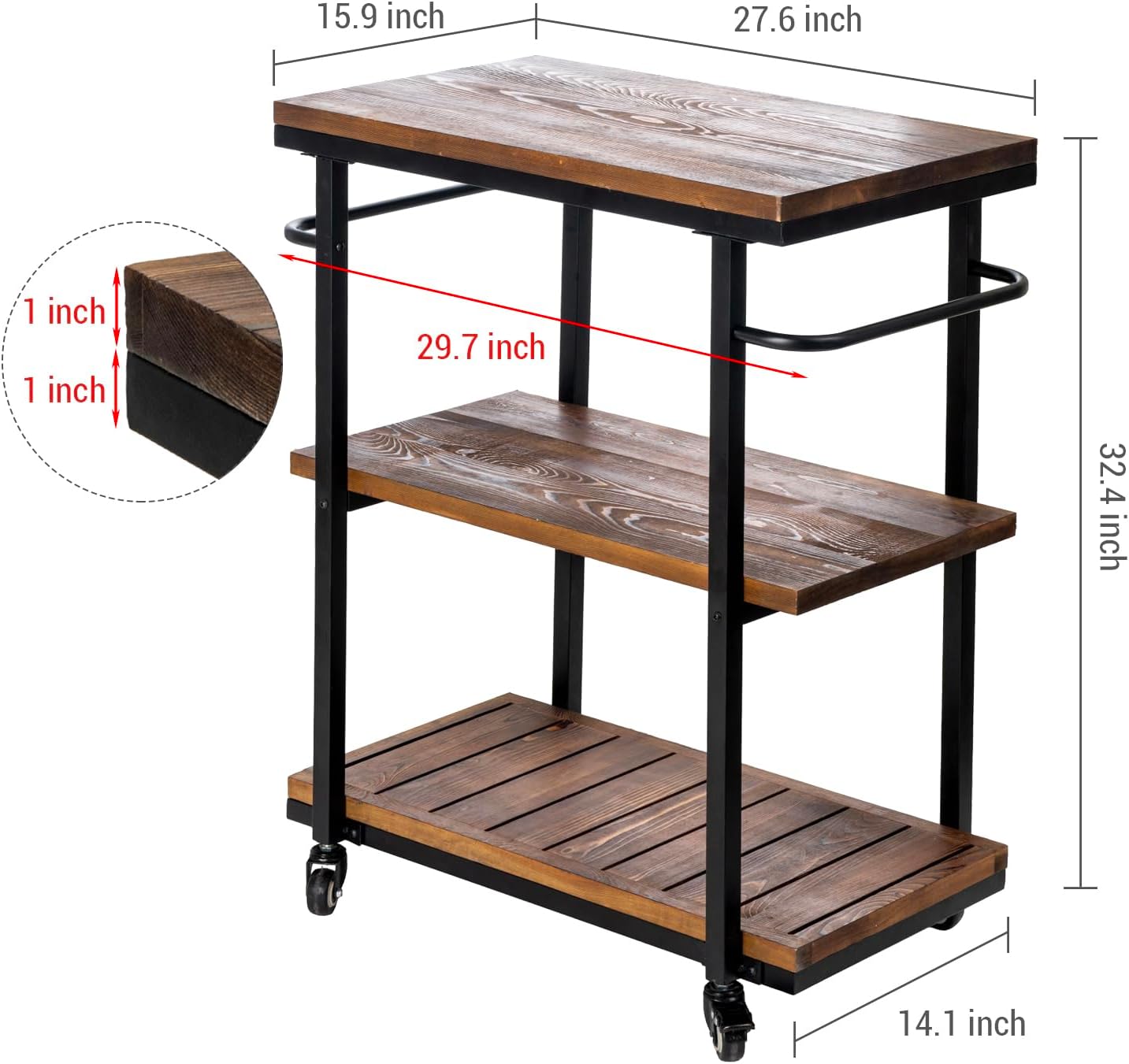 Bar Carts for The Home, Rolling Home Bar Serving Cart on Wheels, 3 Tier Portable Bar Cart, Rolling Coffee Cart with Lockable Wheels, Rustic Burnt Solid Wood and Industrial Matte Black Metal