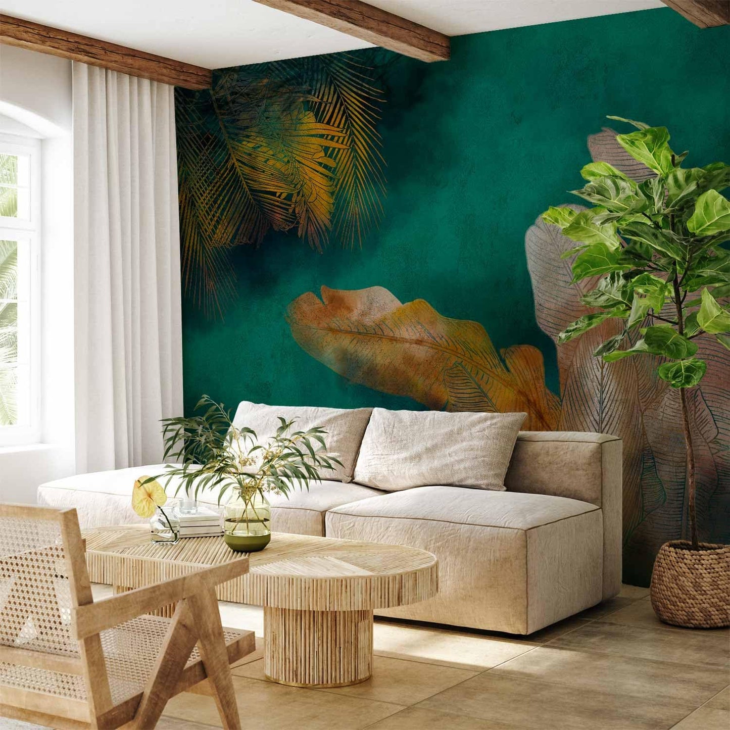 artgeist Wall Mural Jungle 96x69 in - XXL Peel and Stick Self-Adhesive Wallpaper Removable Large Sticker Foil Wall Decor Print Picture Image Design Leaves Green Yellow Nature b-A-0825-a-a