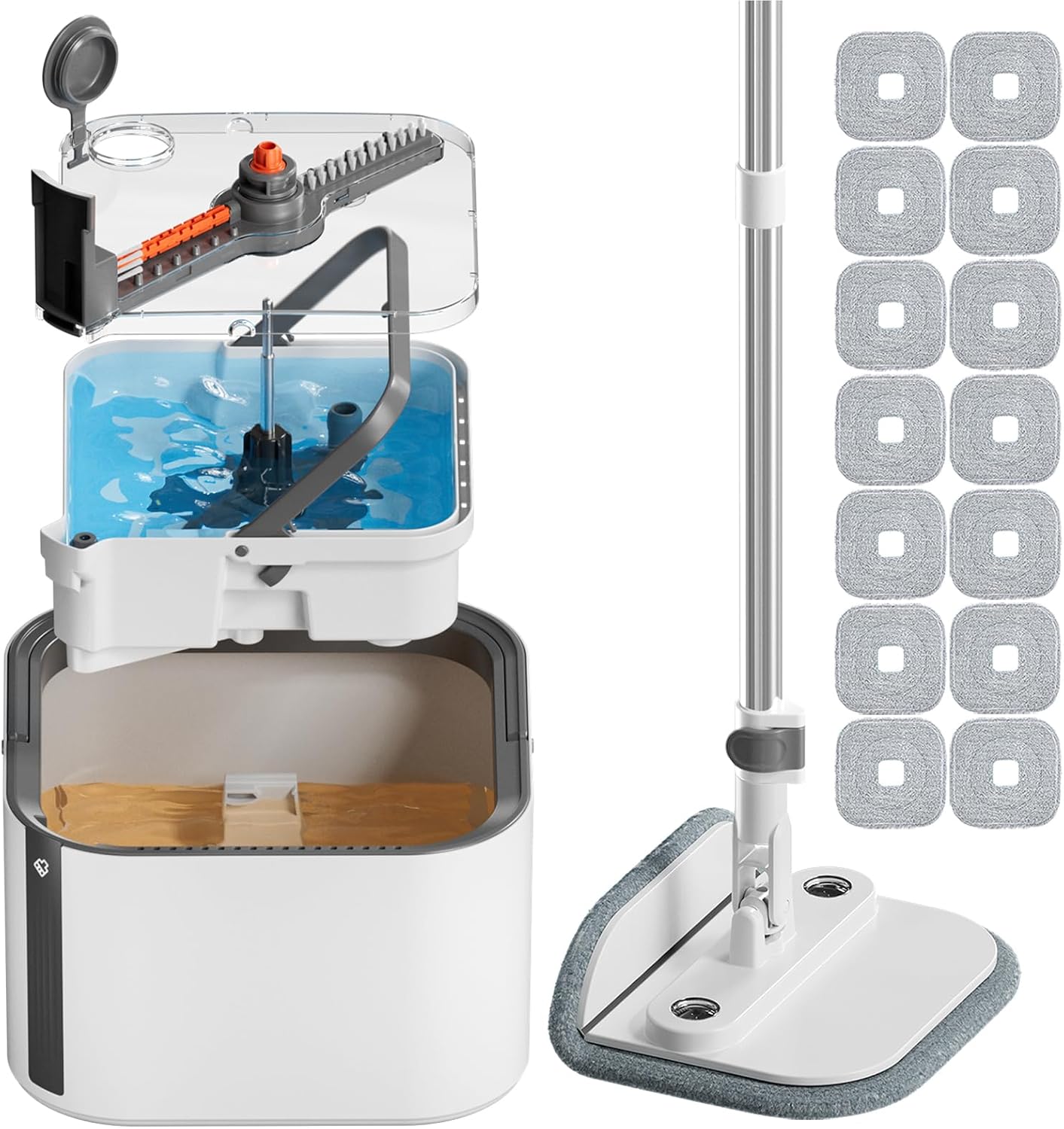 Upgraded Spin Mop and Bucket Self-Standing Mop Bucket Separate Dirty and Clean Water System Self Wringing 360° Rotating Clean Mop and Bucket Set (Light Gray, 14Pads Mop and Bucket Set)